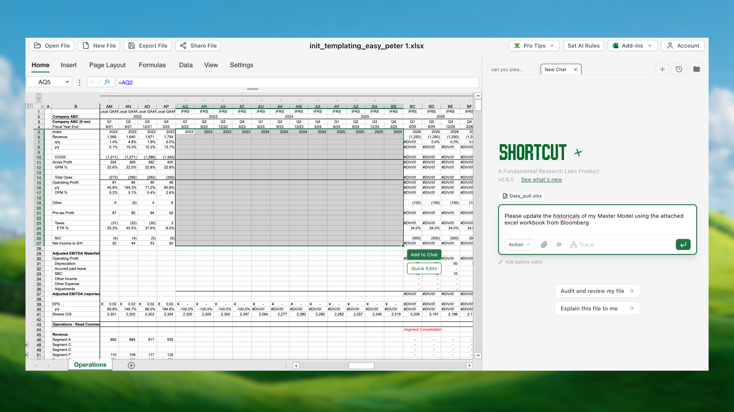 Quarterly earnings template automation showing financial extraction and model building