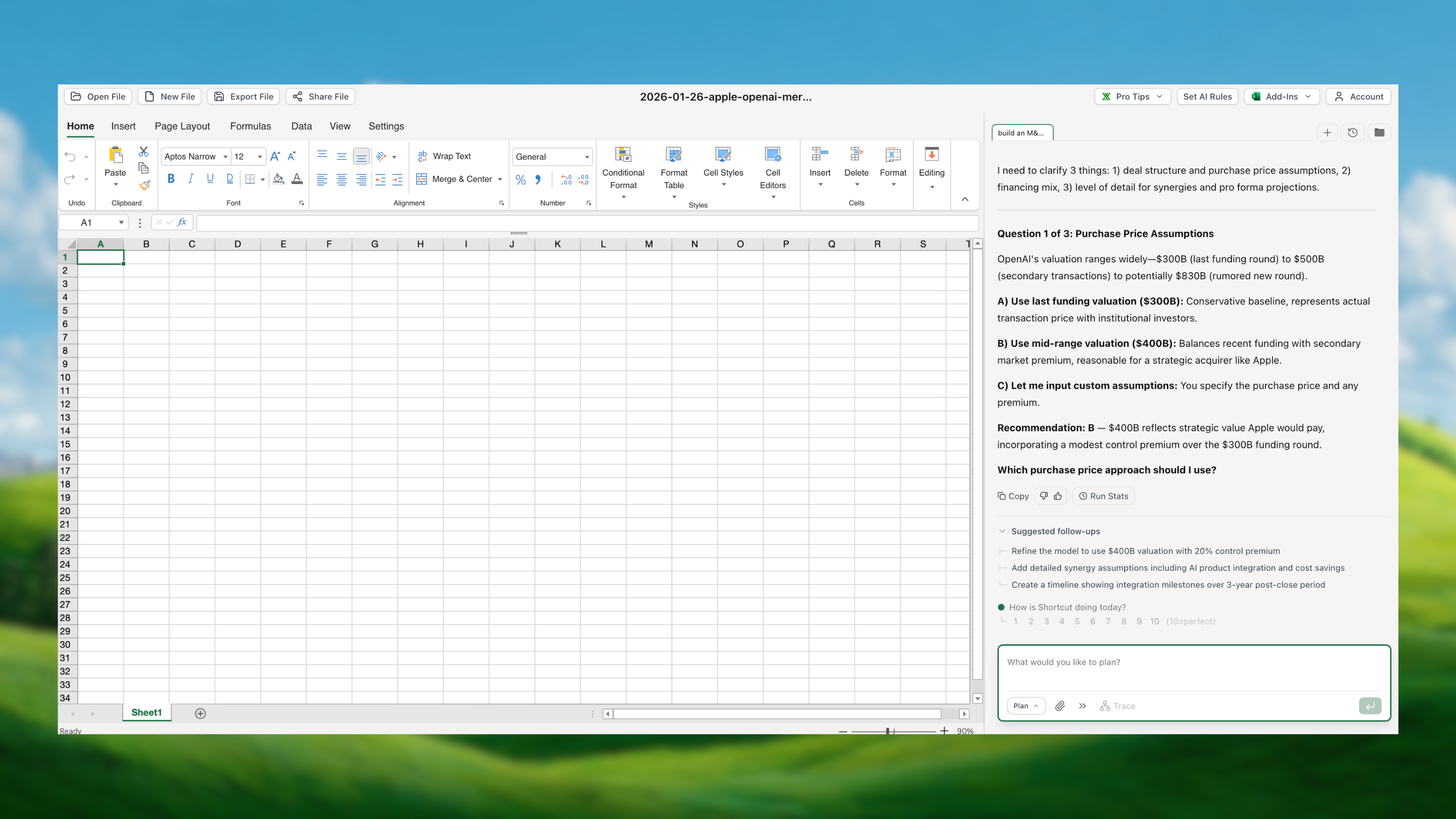 Shortcut Plan Mode showing recommendations and approach options for building an M&A model